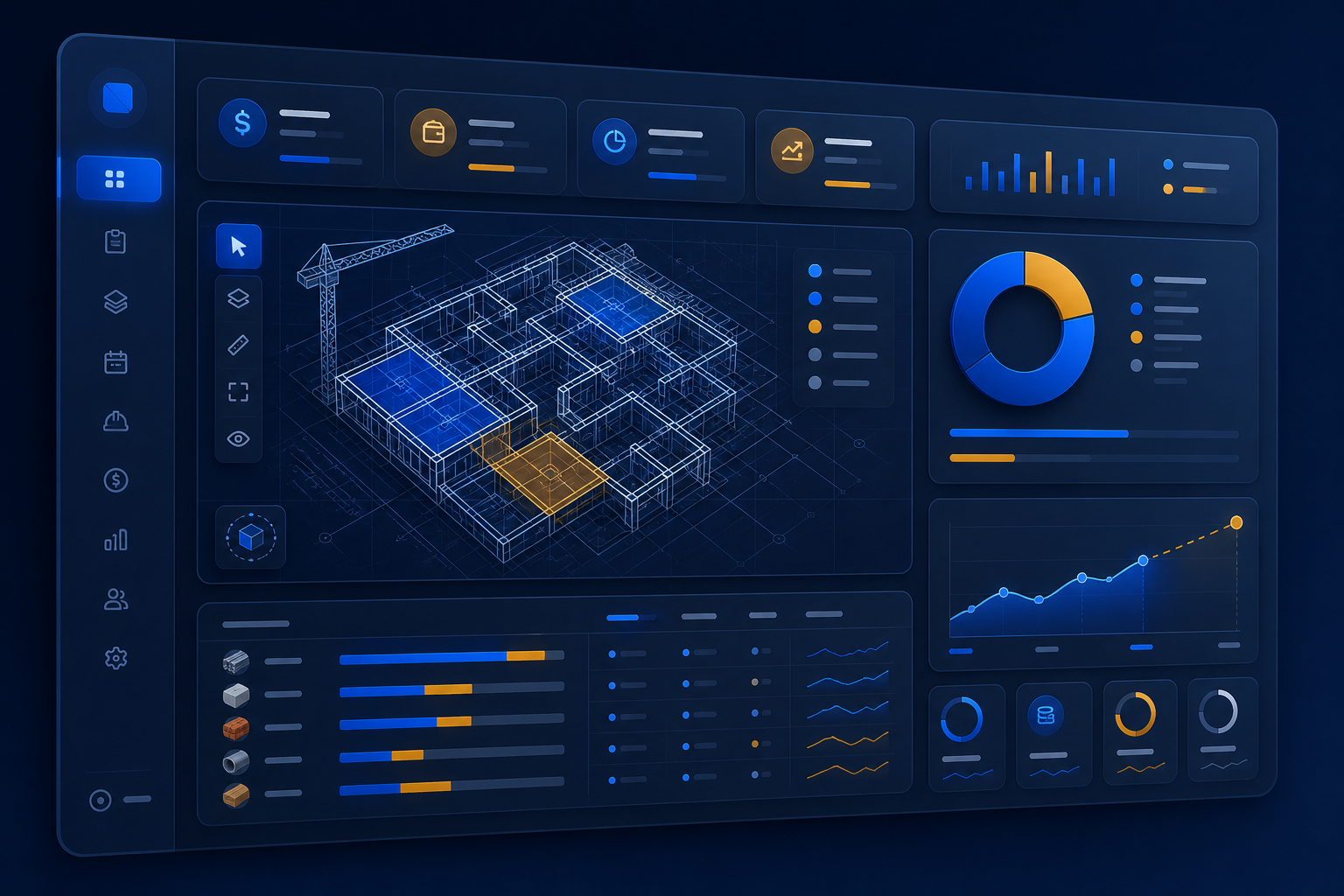 Dashboard Obria com gráficos de custo, composição e insights de IA sobre planta baixa 3D